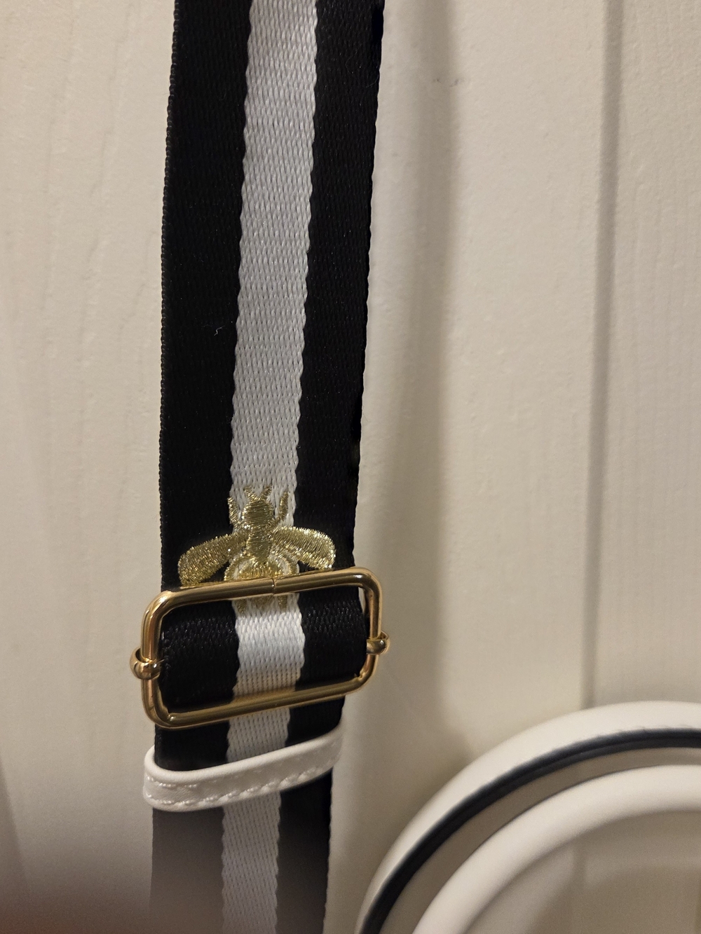 White Satchel with Gold Bee Accent and Removable Striped Strap - Picture 4 of 4